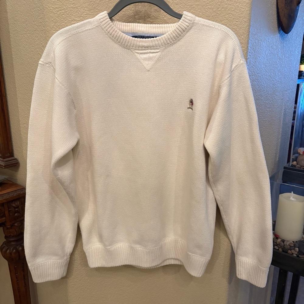 Vintage TOMMY HILFIGER White Embroidery Crewneck Sweater Size Small-Unisex